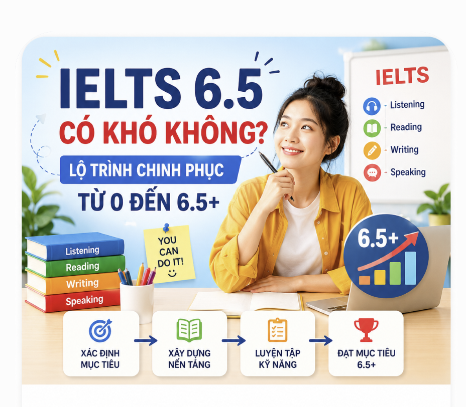 IELTS 6.5+ CÓ KHÓ KHÔNG? LỘ TRÌNH CHINH PHỤC TỪ 0 ĐẾN 6.5+